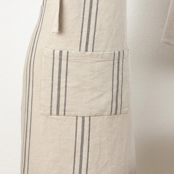 Natural Solid Color w Grey Strip Stripe 100% Linen Apron, 28" x 35" Front Pocket - Picture 2 of 3
